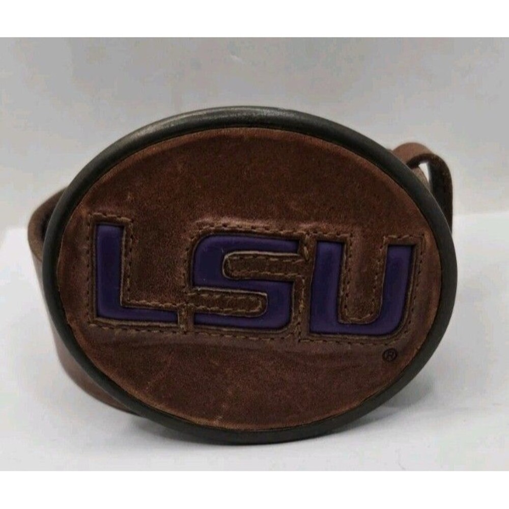 LSU Leather Buckle with Fossil Belt Men 34 Full Grain Cow Hide Rare Buckle